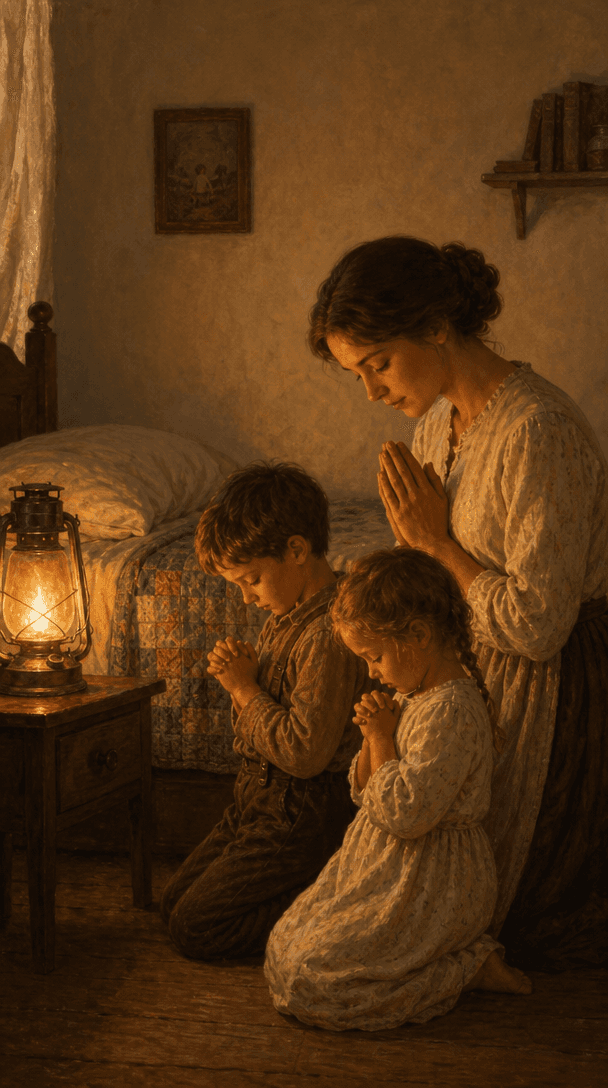 A mother praying beside her two children in the warm light of a lantern.